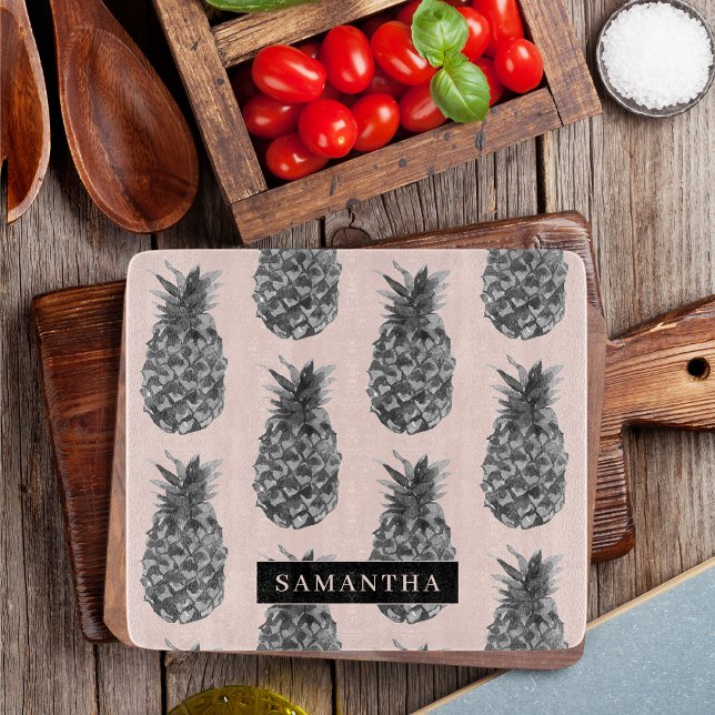 Planche À Découper Motif Tropical Grey & Rose Ananas Avec Nom (Créateur téléchargé)