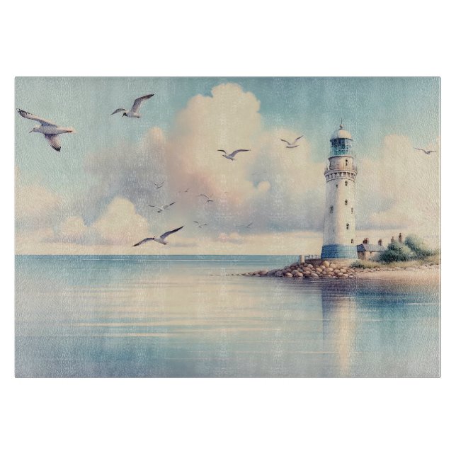 Planche À Découper Mouette de phare côtier Sérénité du ciel pastel (Devant)