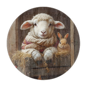 Planche À Découper Moutons et lapin douillets en Grange avec Fleurs