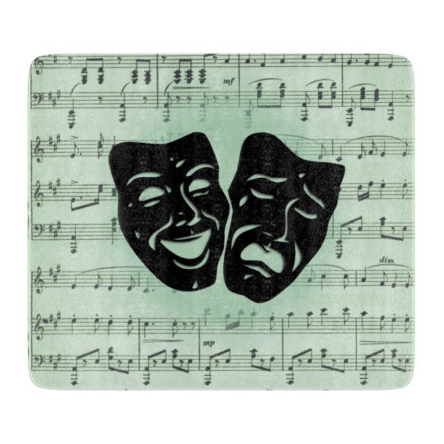 Planche À Découper Musique verte et masques grecs de théâtre (Devant)