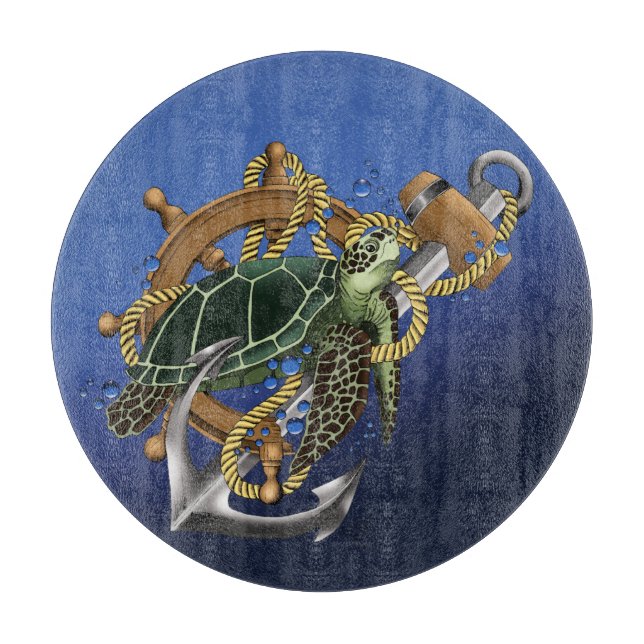 Planche À Découper Nautical Sea Turtle Anchor Ship Wheel Blue (Devant)