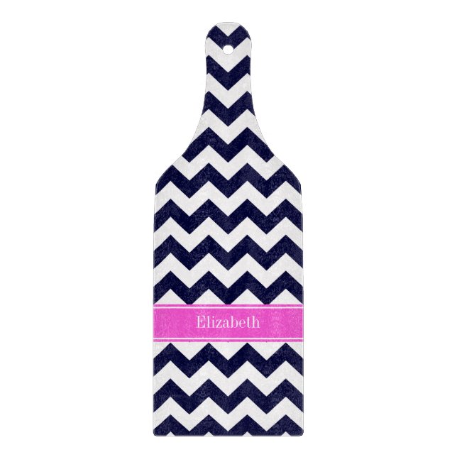 Planche À Découper Navy Blue Wht Chevron Hot Pink Nom Monogramme (Devant)