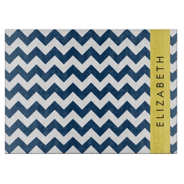 Planche À Découper Navy Blue Zigzag, Navy Blue Chevron, Votre nom (Devant)