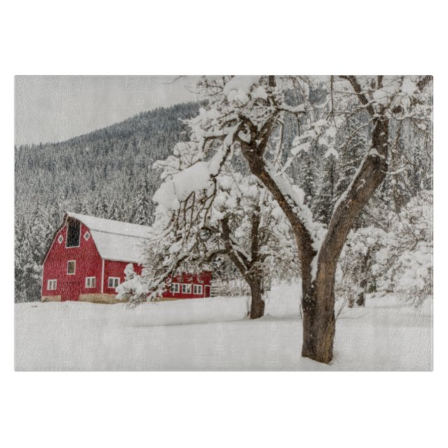 Planche À Découper Neige fraîche sur grange rouge (Devant)