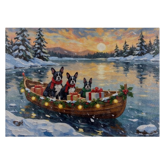 Planche À Découper Noël Boston Terrier Bateau Fêtes (Devant)
