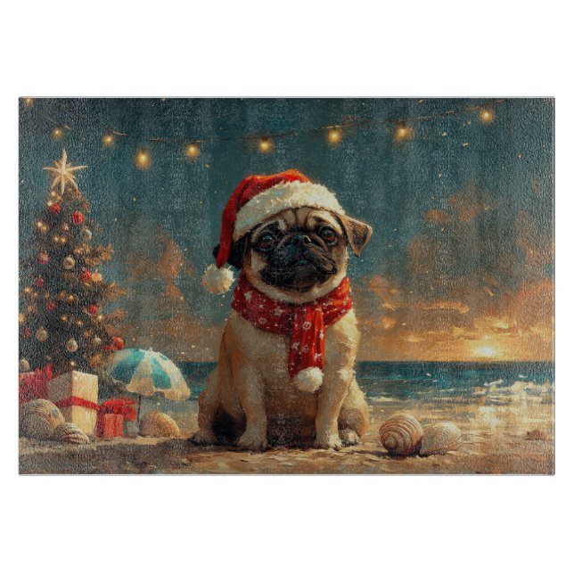 Planche À Découper Noël Chien Carlin Plage Vintage (Devant)