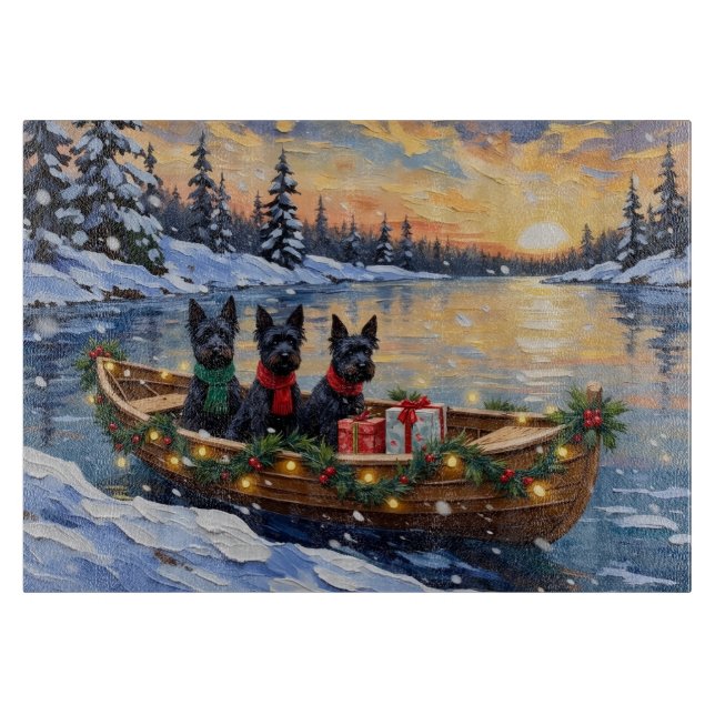 Planche À Découper Noël en bateau avec un Terrier Écossais (Devant)