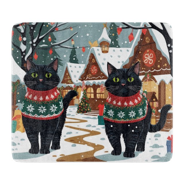 Planche À Découper Noël neigeux avec chat noir de Noël (Devant)