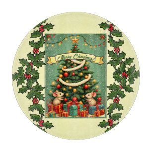 Planche À Découper Noël victorien Souris Heureuses Rouge Vert Houx 
