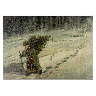 Planche À Découper Noël vintage, le Père Noël portant un arbre