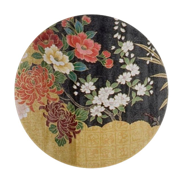Planche À Découper Noir or Oriental Japonais Kimono Floral Verre (Devant)