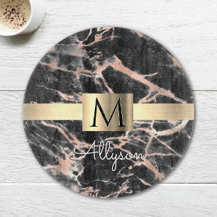 Planche À Découper Noir & Rose Gold Marble Boîte, Nom & Monogramme