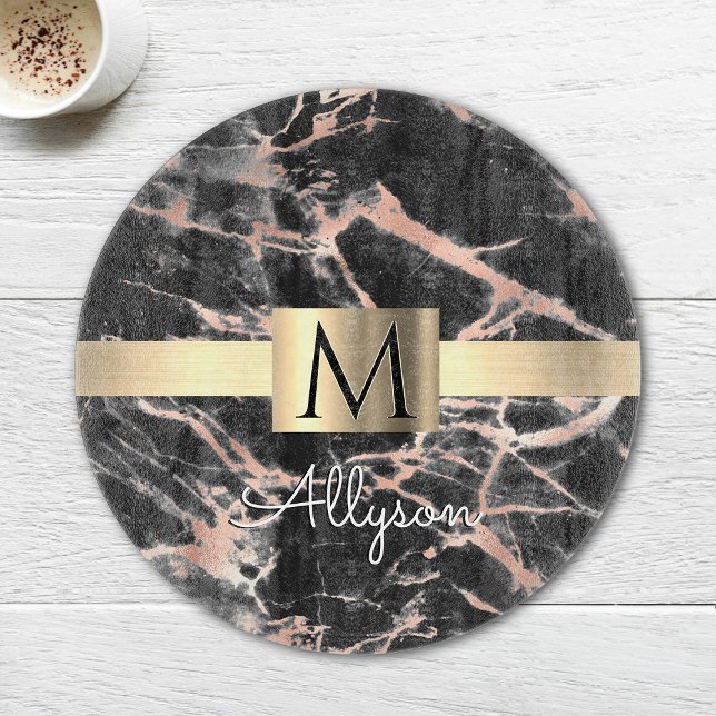 Planche À Découper Noir & Rose Gold Marble Boîte, Nom & Monogramme (Créateur téléchargé)