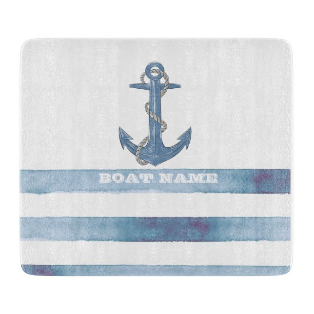 Planche À Découper Nom de bateau nautique, Ancre, Corde, Rayures bleu (Devant)