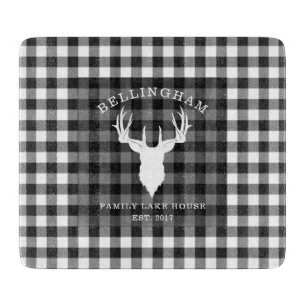 Planche À Découper Nom de famille Black White Lake House Gingham Carr