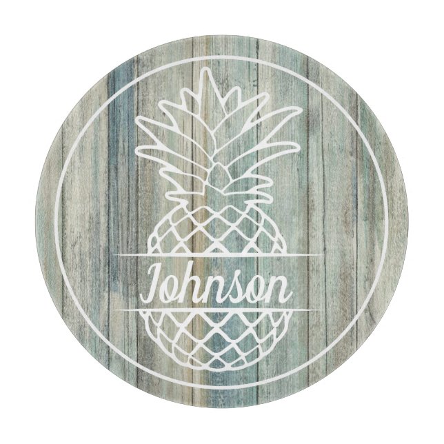 Planche À Découper Nom de famille de l'ananas sur Rustic Wood Coastal (Devant)