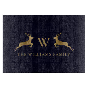 Planche À Découper Nom de famille Monogram Gold Deer Kitchen Navy