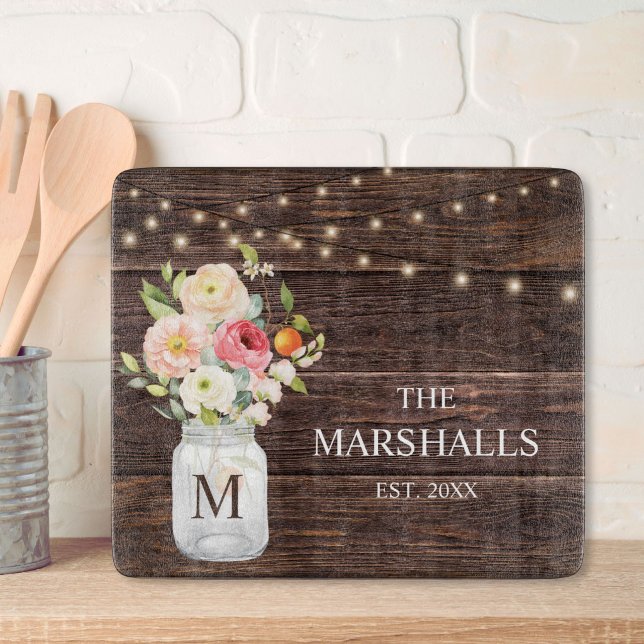 Planche À Découper Nom de famille Monogramme Fleur Jar Mason Rustique (Créateur téléchargé)