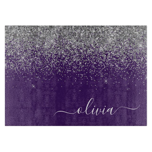 Planche À Découper Nom de monogramme girly pailleté argent violet (Devant)