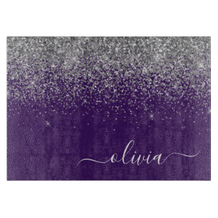 Planche À Découper Nom de monogramme girly paillettes argent violet
