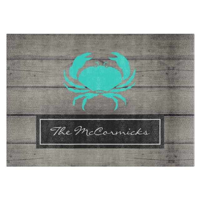 Planche À Découper Nom du monogramme de crabe bleu Turquoise rustique (Devant)