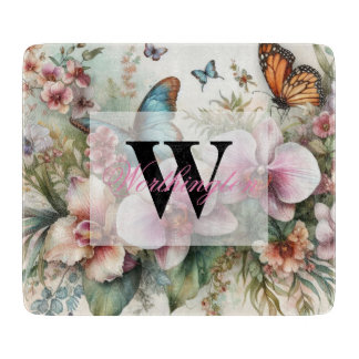 Planche À Découper Nom du monogramme Fleurs tropicales Aquarelle feui