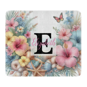 Planche À Découper Nom du monogramme sur l'aquarelle Fleurs coquillag