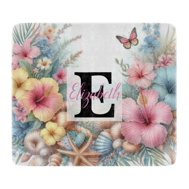 Planche À Découper Nom du monogramme sur l'aquarelle Fleurs coquillag (Devant)