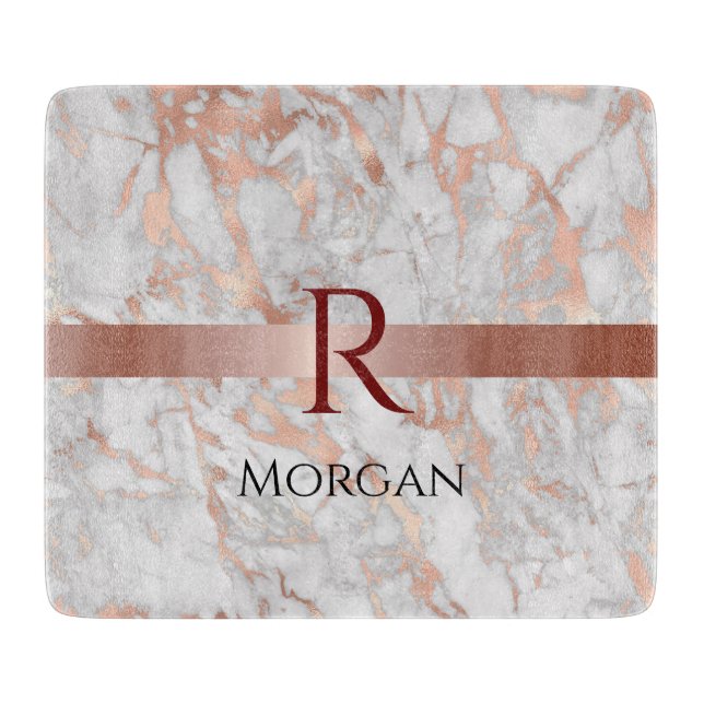 Planche À Découper Nom et monogramme, marbre blanc et or rose (Devant)