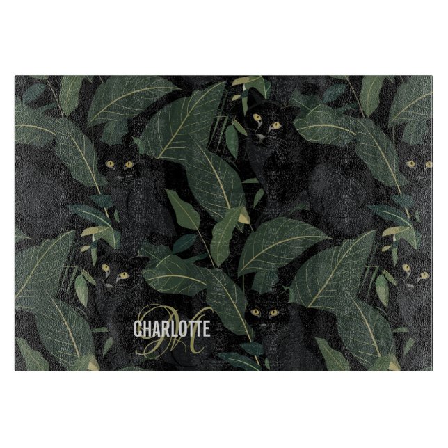 Planche À Découper Nom monogramme du motif de panthère noire moderne (Devant)