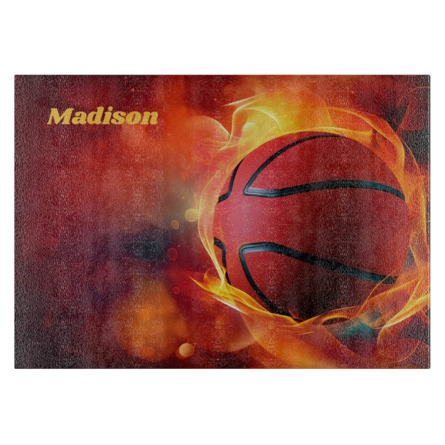 Planche À Découper Nom personnalisé Flaming Basketball (Devant)