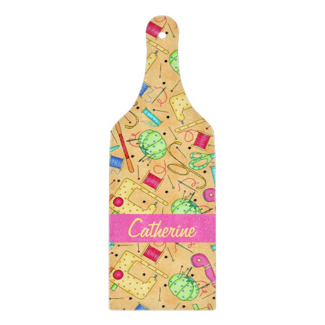 Planche À Découper Notions de couture jaune Nom de l'art Personnalisé (Devant)