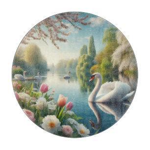 Planche À Découper OEuvre d'art printanière du lac des cygnes floraux