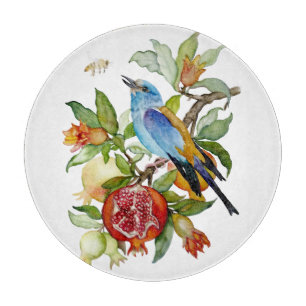 Planche À Découper Oiseau bleu parmi les grenades Botanique à l'aquar