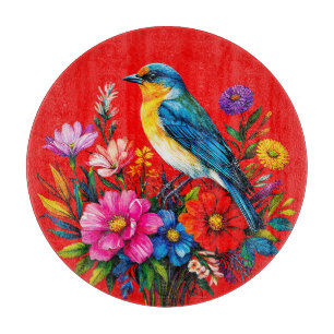 Planche À Découper Oiseau bleu perché parmi des fleurs printanières c
