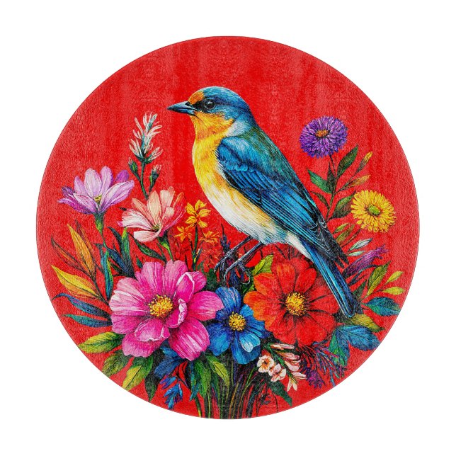 Planche À Découper Oiseau bleu perché parmi des fleurs printanières c (Devant)