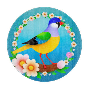 Planche À Découper Oiseau coloré sur la branche encadrée de fleurs