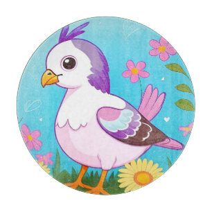 Planche À Découper Oiseau coloré sur la branche encadrée de fleurs