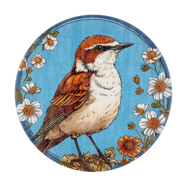 Planche À Découper Oiseau encadré par des fleurs vibrantes (Devant)