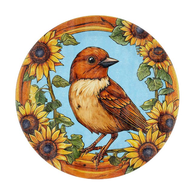 Planche À Découper Oiseau encadré par des fleurs vibrantes (Devant)