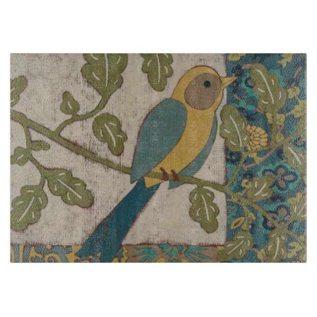 Planche À Découper Oiseau jaune et bleu Turquoise perché sur une bran (Devant)