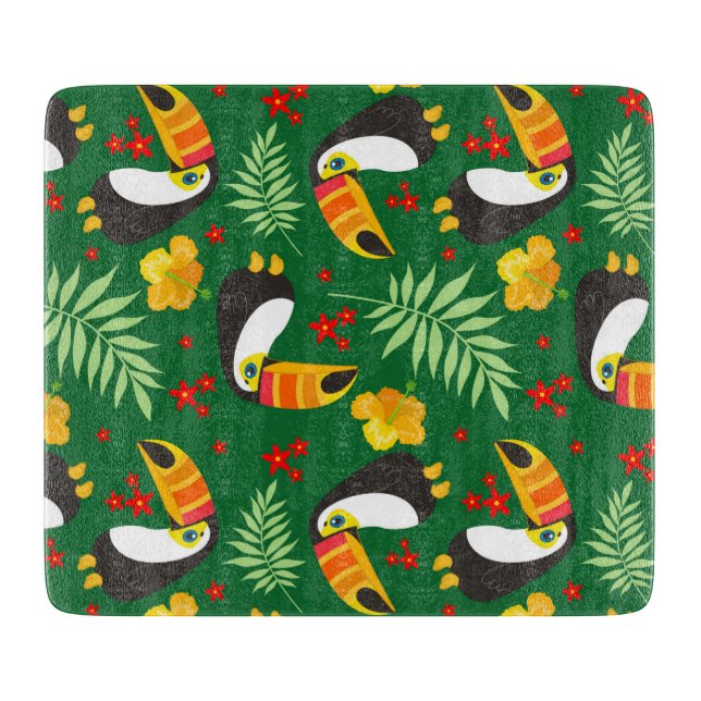 Planche À Découper Oiseau Vert Feuille Orange Fleur Rouge Jungle Trop (Devant)