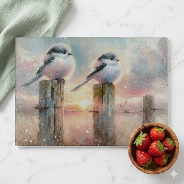 Planche À Découper Oiseaux à l'aquarelle pastel sur une clôture au co (Pastel Watercolor Birds Fencepost Sunset Cutting Board On Counter)