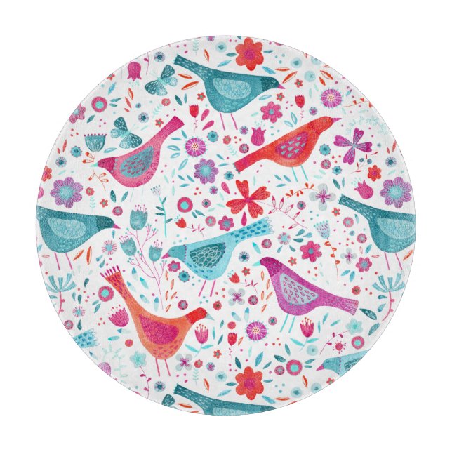 Planche À Découper Oiseaux d'aquarelle dans un jardin de fleurs peint (Devant)