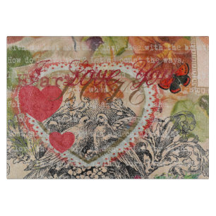 Planche À Découper Oiseaux de l'amour Cœur Rouge Collage d'art