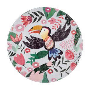 Planche À Découper Oiseaux tropicaux, motif de gribouillis à fleurs.