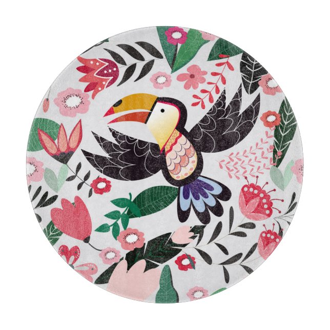 Planche À Découper Oiseaux tropicaux, motif de gribouillis à fleurs. (Devant)