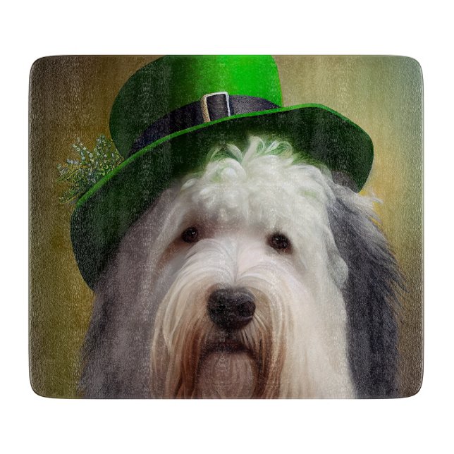 Planche À Découper Old English Sheepdog en tenue de la Saint-Patrick (Devant)
