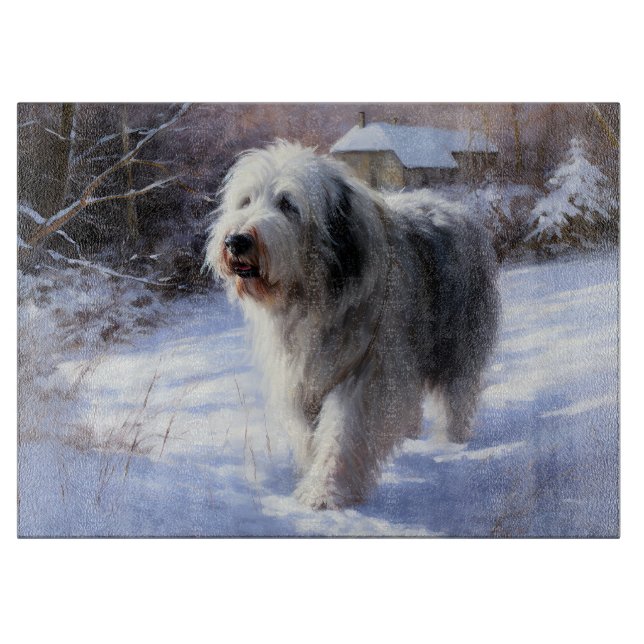 Planche À Découper Old English Sheepdog Laisser neiger Noël (Devant)