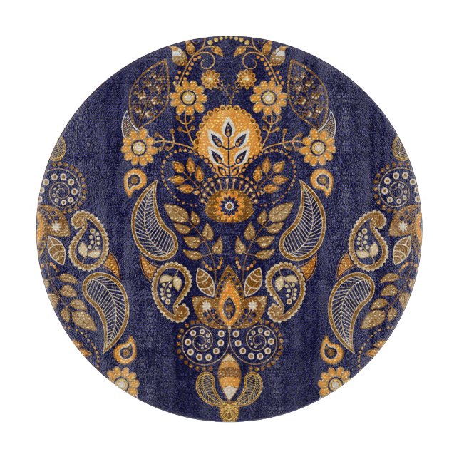 Planche À Découper Or et bleu, motif sans couture fleurie. (Devant)